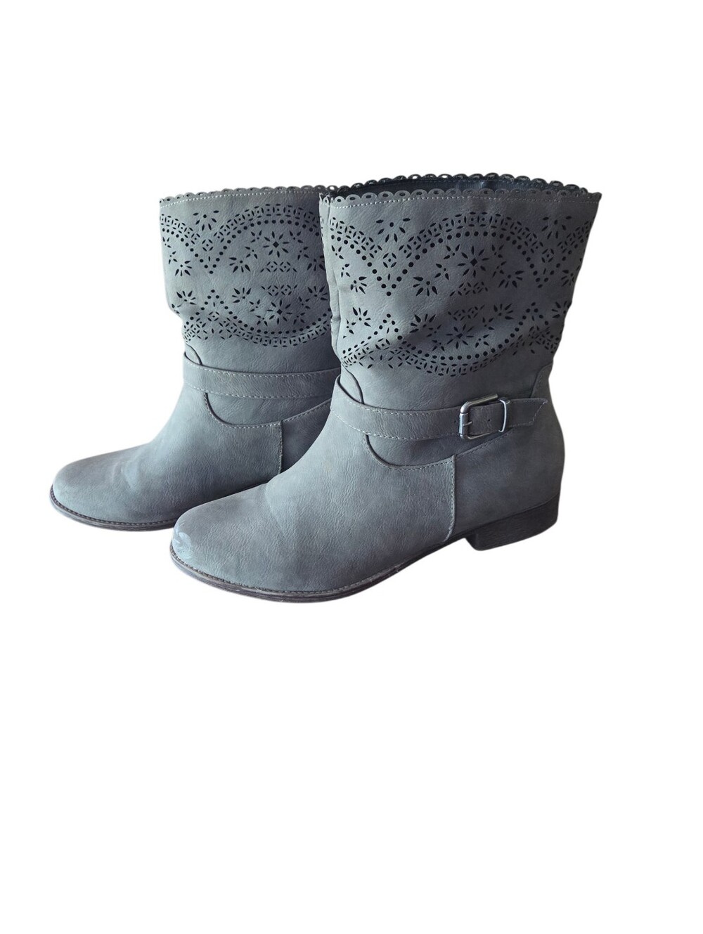 JustFab Grey Lazer Cut MidCalf Boots Boho Western Indie Size 11